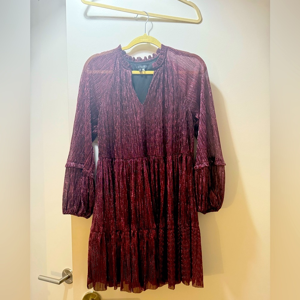 Cocktail dress. Dark berry color. Sheer sleeves with elastice  waist